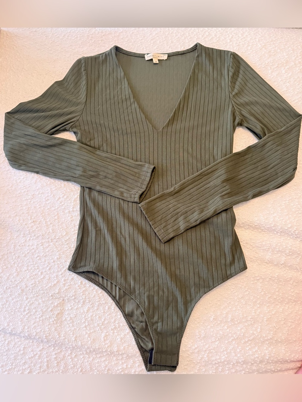 Long Sleeve Ribbed V-Neck One-Piece Bodysuit - Olive